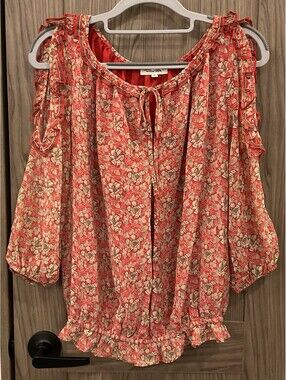 Max Studio Womens Long Sleeve Fancy Cold Shoulder Elastic Waist Red Blouse Small